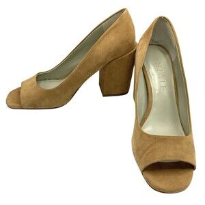 1 State Tan Suede Open Toe Shoes Size 6.5M Slip On Pumps Block Heels Rianne(?)